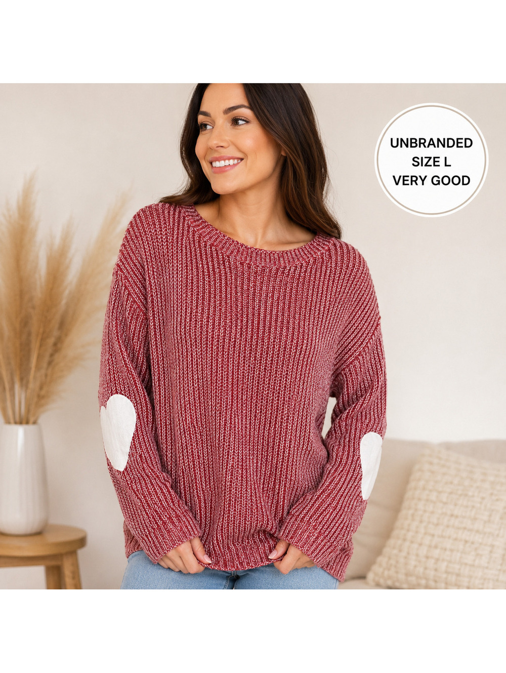Sz L | Red White Marled Elbow-Patch Sweater